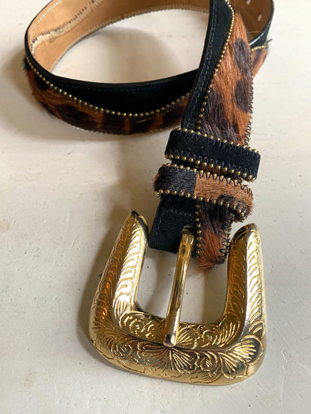 Vintage Leather and Pony Hair Leopard Belt Small