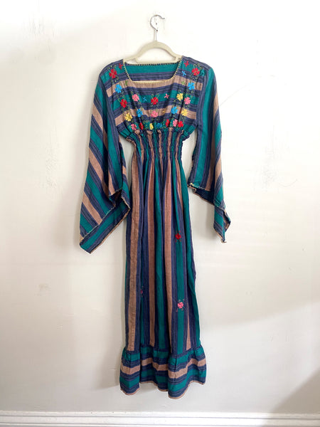 1970'S Indian Cotton Embroidered Maxi Dress S/M