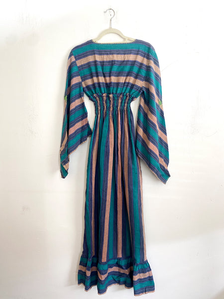 1970'S Indian Cotton Embroidered Maxi Dress S/M