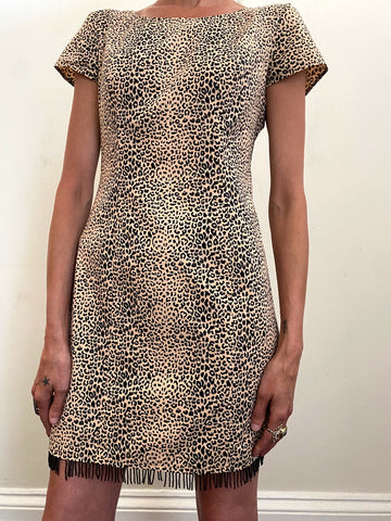Vintage Leopard Beaded Fringe Trim Dress Medium