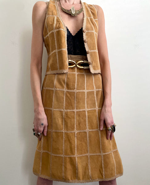 Vintage 70's Patchwork Suede Skirt/Vest Set Medium