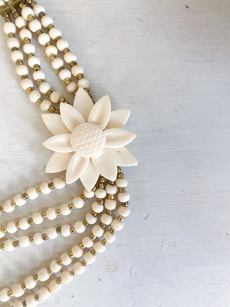 1960's Celluloid Multistrand Carved Flower Necklace